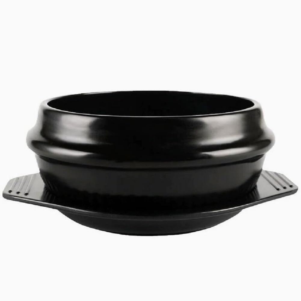 Cuenco De Piedra Coreano para Cocinar Bibimbap, Apta para Altas Temperaturas con Bandeja, Cerámica Bowl Olla De Piedra Antiadherente, para Bibimbap Sopa, Negro,800ML