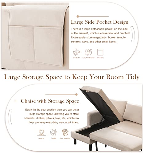 Modern Velvet Pull Out Sleeper Sofa Bed With Chaise, Comfy L Shaped Convertible Sleeper Couch With Storage And Pocket, Sectional 3 Seat Couch For Living Room Furniture Or Office, Smooth Back - Beige #TOP2