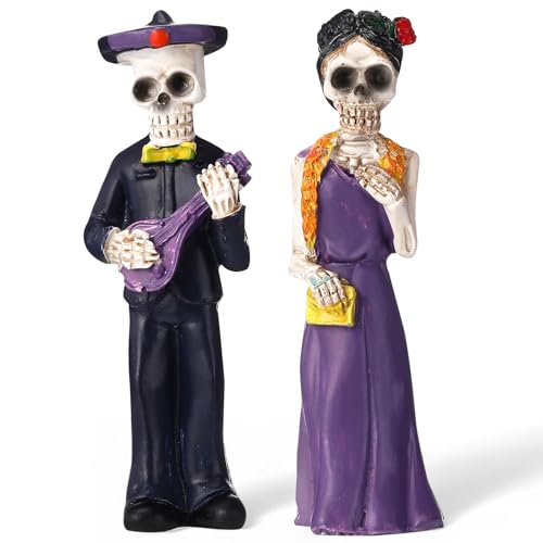 LemonRoad Day-of-the-Dead Couple Skeleton Figurines Halloween Wedding Cake Topper Skeleton Bride and Groom Dia De Los Muertos Figurines Wedding Decor Gothic Resin Statues(Gentle)
