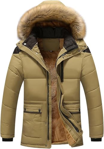 Mes Witer Parka Jacket Thickeed Warm Widproof Hooded Dow Alterative Log Coats, Light Khaki, 3XL