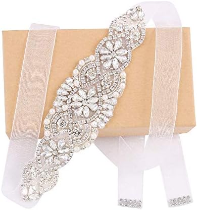 WEZTEZ Bridal Belt Handmade Crystal Wedding Sash Rhinestone Sash for Flower Girl Evening Dress(Silver-organza white)