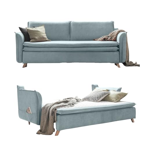 MIUFORM Charming Charlie Slim mit Bettkasten | 3 Sitzer Sofa | 225 x 90 x 85cm Couch | Klappsofa mit Schlaffunktion (Pastellblau)