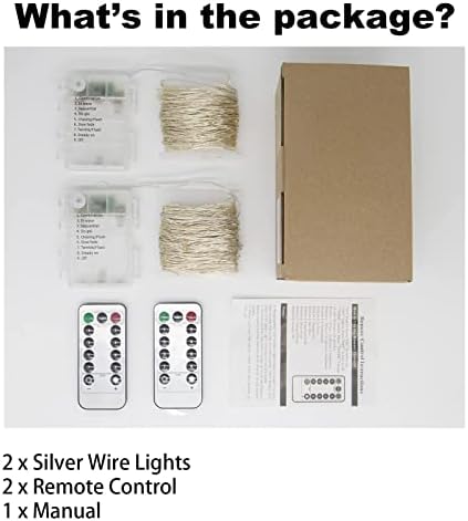 2PACKBattery Operated Fairy String Lights 40Ft/12m 120 LED 8 Modes Outdoor Waterproof Silver Wire Lights with Remote for Garden Party Wedding Bedroom- Color