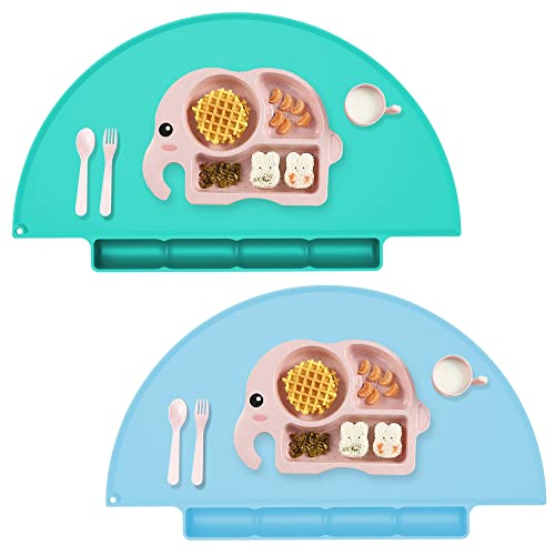 Silicone Baby Placemats, Food Catching Toddler Placemat for Kids Children Baby,2 Pack,Baby Blue/Baby Green
