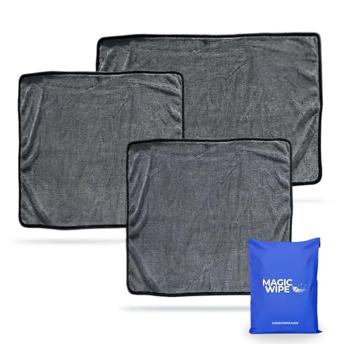 MagicWipe® Bathroom Drying Cloth, 1-40 x 60 cm & 2-30 x 40 Microfibre Cleaning Cloth - Streak & Lint Free Cloth, Premium Quality Drying Towel for Bathrooms, Kitchen, Mirrors (3, Multiplesize Black)
