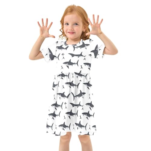 Wusikd Shark Girl Short Sleeve Tank Dress White Crewneck Twirl Swing Dress for Kids 2T