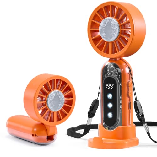 Portable Handheld Fan, Personal Mini Fan Ice Cooling, Hand Held Fan 1-199 Speeds, Rechargeable Turbo Fan Up to 19H, Makeup Fan with Flashlight & Phone Holder, Ideal for Outdoor & Travel (Orange)