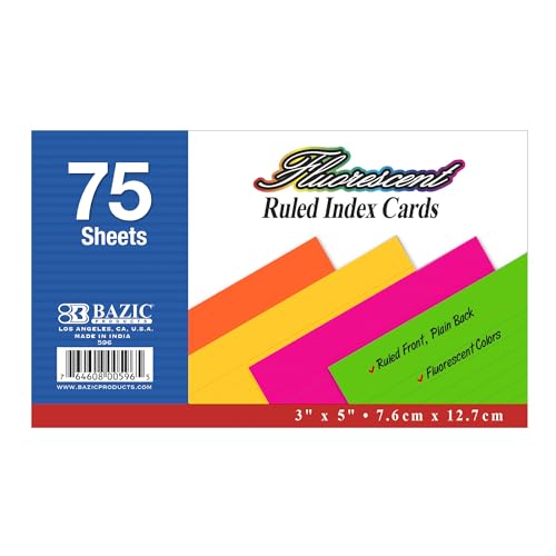 BAZIC 75 Count 3" X 5" Ruled Fluorescent Colored Index Card (596)