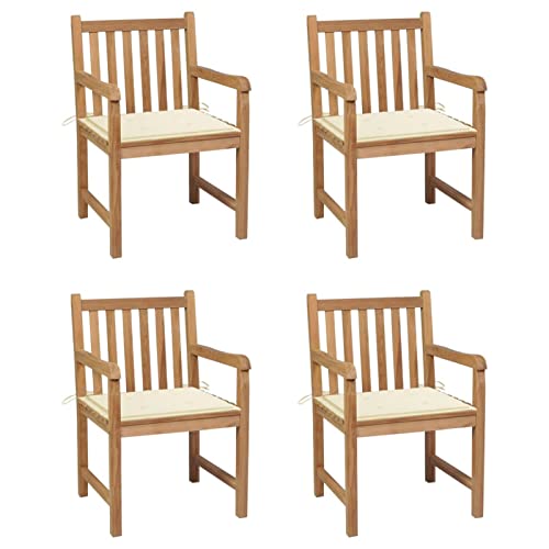 LAPOOH Sillas de jardín 4 uds, Sillas Terraza Exterior, Silla Playa Jardin, Sillas Exterior Jardin, Sillas Balcon, Madera Maciza de Teca con Cojines Crema