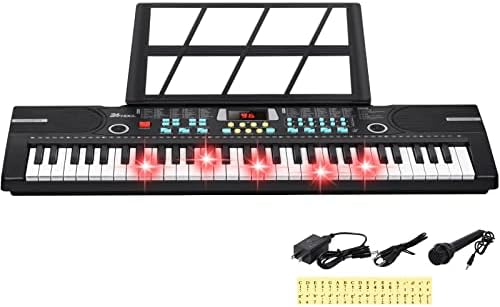 24HOCL 61 Keys Keyboard Piano Lighted Keys, Kids Piano Keyboard with UL Adapter, Stand, Built-In Speaker, Mic, Portable Electronic Keyboard for Boys, Girls, Beginners Birthday Holidays Best Gifts