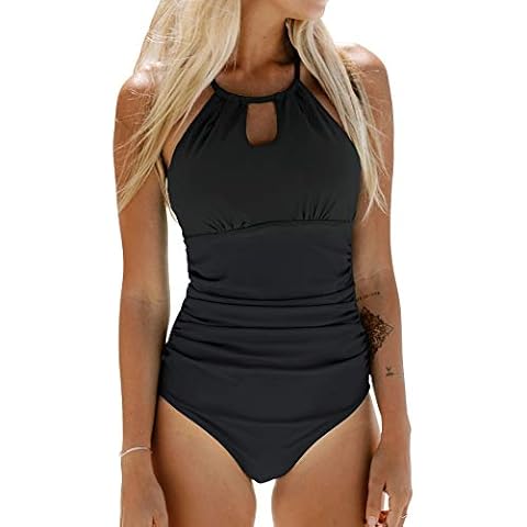 CUPSHE Damen Badeanzug High Neck Bademode Raffung Bauchweg Cut Out Einteilige Strandmode Swimsuit Schwarz M Cover