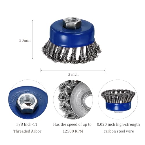 Image of 2 Pcs Twisted Knotted Wire Cup Brush for Angle Grinder - [3 Inch] for Paint Stripping Cleaning Rust Duty Abrasive, 5 /8 Inch-11 Threaded Arbor, .020 Carbon Steel Wire, Blue
