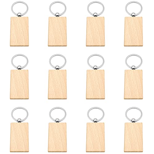12 Piezas Rectángulo Llavero en Blanco Madera, DIY Llavero de Madera Personalizada Creativo Cuadrado Llavero de Madera, para Manualidades, Pirografía, Dibujo, Decoración, 30 x 45 mm