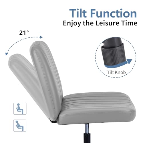 Image of DUMOS Criss Cross Chair No Wheels, Wide Seat Cross Legged Office Desk Vanity Chair, Faux Leather Armless Height Adjustable Swivel Task Computer Chairs for Home, Study, Grey PU