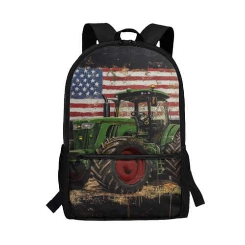 Green Tractor Backpack for Little Boys America Flag Print School Bag for Kids 17 Inch Polyester Bookbag with Front Zipper Pocket for Primary School