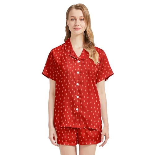 Image of Funny Pajamas for Women Set Print Satin Loungewear Pjs Short Sleeve Button Down Top and Shorts Sets Sleepwear XS-3XL