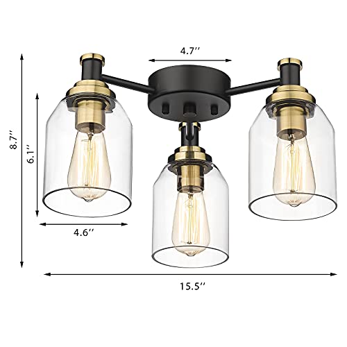 Zeyu 3-Light Semi Flush Mount Ceiling Light, Farmhouse Close To Ceiling Light Fixtures With Clear Glass, Black And Gold Finish, Zg33F-3 Bk+Bg #TOP5