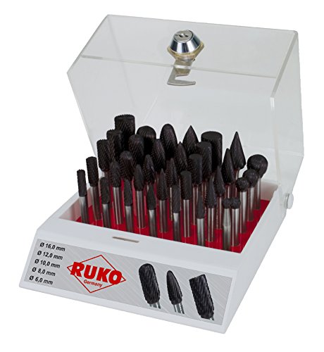 RUKO Tungsten Carbide Rotary Burr Set in een handig tafelscherm, TiCN Finish, 35 stuks, R116008TC
