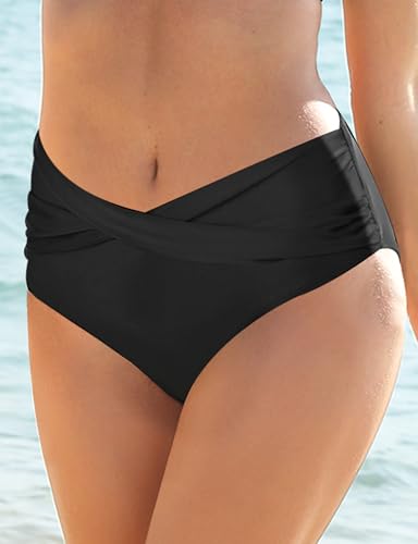 Women's Twist Bikini Bottom Moderate High Cut Swimsuit Bottom Cross V Cut Ruched Ruffles Bathing Suit Bottoms2