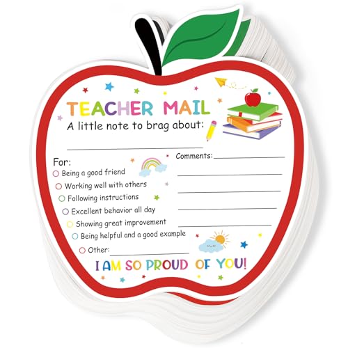 50Pcs Teacher Mail Notes to Parents, Happy Mail from Teacher, Brag Cards for Students Behavior Classroom Must Haves to Send Home for Preschool Kindergarten Elementary School Supplies (Apple)