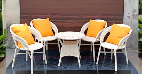 Image of India Outdoor Indoor 4+1 Piece All Weather Wicker Patio Chair and Table Set with Iron Frame for Balcony Garden Poolside Deck (Cream with Yellow Pillow)