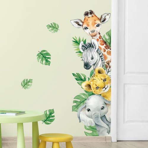 Tanlaby Stickers Muraux Animaux Jungle Autocollants Muraux Animal de Dessin Animé Sticker Mural Girafe Zèbre Feuilles Vertes pour Chambre Bébé Pépinière...