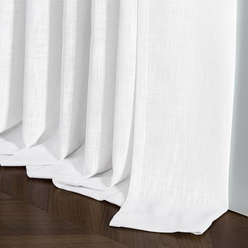 Image of White Short Linen Curtains 45 Inch Length 2 Panel Set for Small Windows Rustic Country Linen Cotton Light Filtering Drapes Privacy Pinch Pleated Back Tab Semi Sheer Kitchen Curtains 45 Inches Long