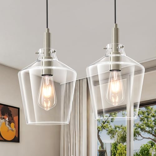 Image of Glass Pendant Lighting for Kitchen Island Foyer 2 Pack Nickel Clear 8 Inch | Adjustable cord Dimmable, E26 bulbs, Rust-resistant Damp Rated For Bathrooms, 5-Year Manufacturer Warranty, UL Certification