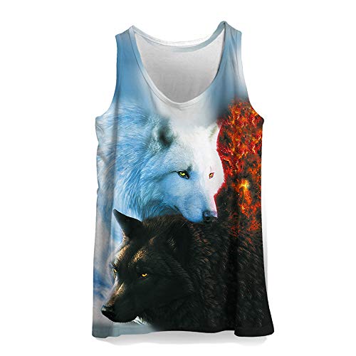 Hiser Mens Vest Sports Tank Top Gym Athletic Fitness Muscle Bodybuilding Summer Sleeveless T Shirt Run Tank - Funny 3D Animal Printed (Wolf,XXL)