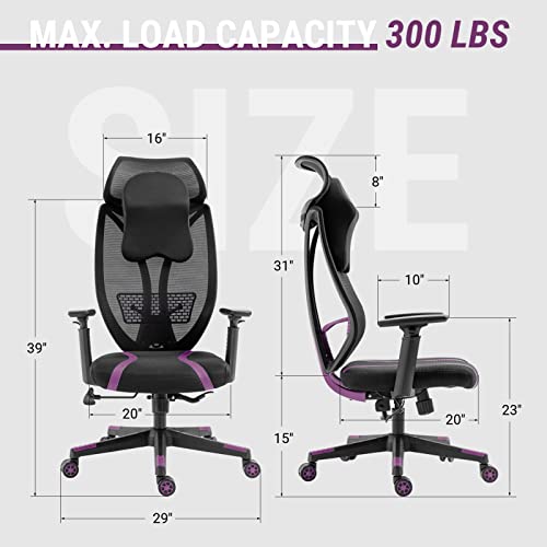 Aodrova Office Chair Gaming Chair With Extra Large Bionic Headrest, Breathable Mesh Office Chair With Ergonomic Lumbar Support And Adjustable 3D Armrests (Purple) #TOP2