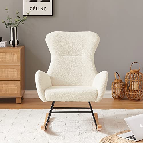 Hansones Rocking Chair Nursery,Modern Accent Rocking Chair,Upholstered Nursery Glider Rocker For Baby,Rocking Chair Indoor For Living Room/Bedroom/Nursery(Cream White Teddy Fabric) #TOP3