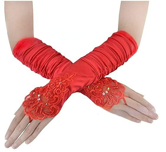 Ladies' stretchy silk gloves Long pleated bridal fingerless beaded embroidered wedding gown black lace gloves (Red)