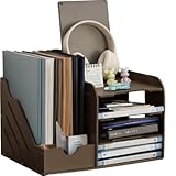 Bivoyud 卓上収納ボックス デスク上置き棚 ファイルボックス 卓上収納ラック 大容量 オフィス収納 机上収納ボックス A4 対応 ペン入れ 組み立て簡単 仕切り A4フォルダー/新聞/雑誌/書類/事務用品/文具用品収納 机上用品 整理整頓 (ブラウン)