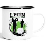 MoonWorks® Kinder-Tasse Golf aus Emaille personalisiert Wunschname Namenstasse individuelle Geschenke für Golfer Weiss-schwarz standard