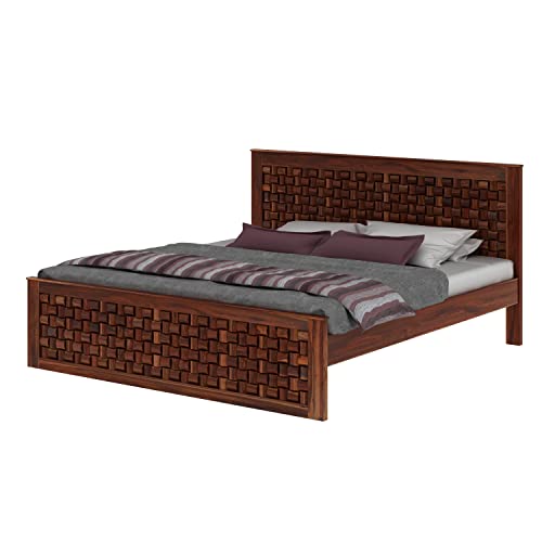 Image of SHRI MINTU'S ART Solid Sheesham Wood Queen Size Bed Without Storage | Wooden Double Bed Cot Bed for Bedroom Furniture | Niwar Patti Design Palang Double Bed for Hotels | Honey Finish