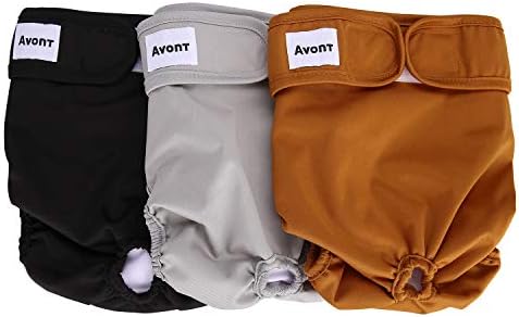 Avont 3 Pack Washable Female Dog Diapers (Medium/13-19 Waist), Premium Reusable Highly Absorbent Doggie Diapers Wraps Durable Dog Diaper Cover -Black/Brown/Grey