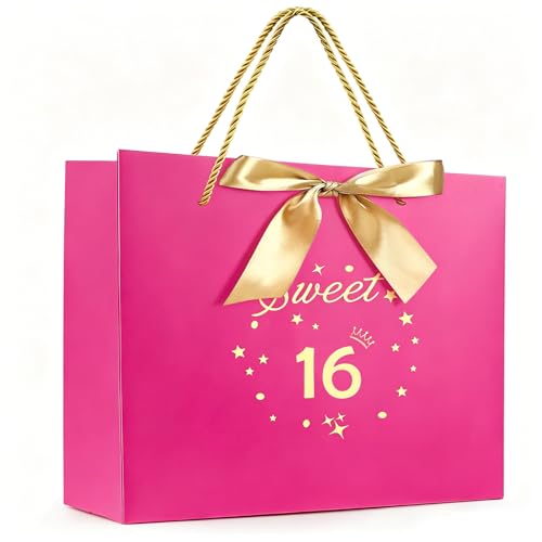 Hongplus Hot Pink Happy 16th Birthday Gifts Bag with Greeting Handles and Ribbon for Girls 16 Year Old Birthday Gifts Wrapping Bag for Party Favors Goodie Wrapping Bag Decorations Supplies