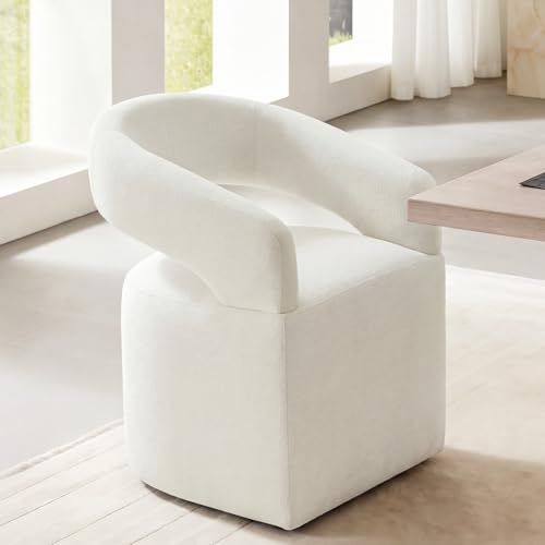 Image of KISLOT Upholstered Dining Chairs Set of 1, Modern Arm Kitchen & Dining Room Chairs with Hidden Casters, Linen Fabric Padded Rolling Chairs, Sturdy Wood Frame, 300 lbs Capacity, Ivory White