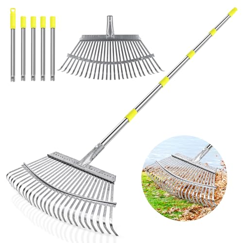 Vevesoas 熊手 レーキ ガーデンレーキ 25爪 ステンレス鋼 4段階の長さ調節が可能 92cm-184cm 吊り下げ式 使用する雑草/落ち葉/園芸/芝生/草用具/庭掃除/農業 掃除 道具 日本語の説明書付き