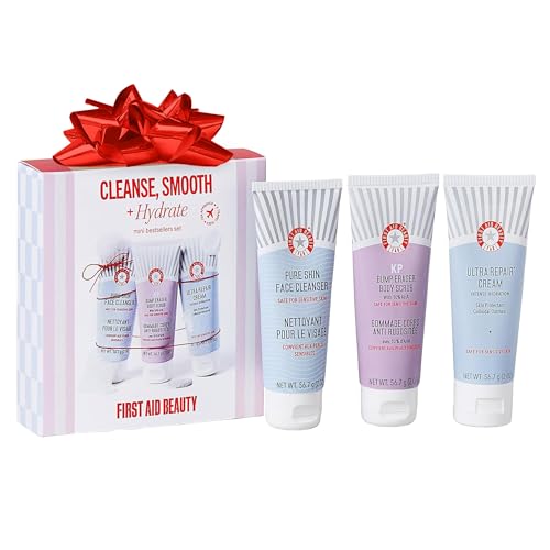 First Aid Beauty Cleanse, Smooth + Hydrate Kit - Skin Care Gift Set with Travel Size Facial Cleanser, KP Body Scrub & Ultra Repair Cream - Travel Friendly Skincare Set