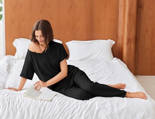 Image of Ekouaer Pajamas for Women Set 2 Piece Short Sleeve Tops with Long Pants V Neck Soft Pjs Casual Lounge Set with Pockets