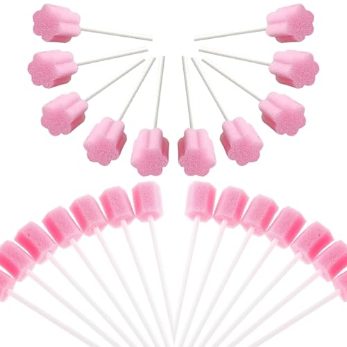 100 Pieces Sponge on A Stick Mouth Swabs for Elderly and Babies Pink Hexagon and Plum Shapes Gentle Oral Care Sponges for End of Life Care and Daily Use