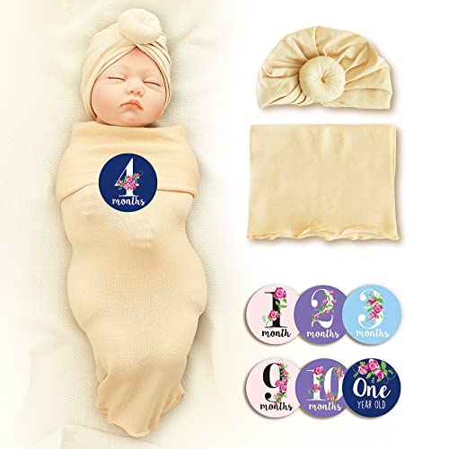 Image of Trilly Baby Swaddle Blanket Set with Baby Turban (Beige), 12 Milestone Stickers for Girls - newborn swaddle sacks | baby shower gifts | baby wrap swaddle blankets baby girl | sleep swaddle set