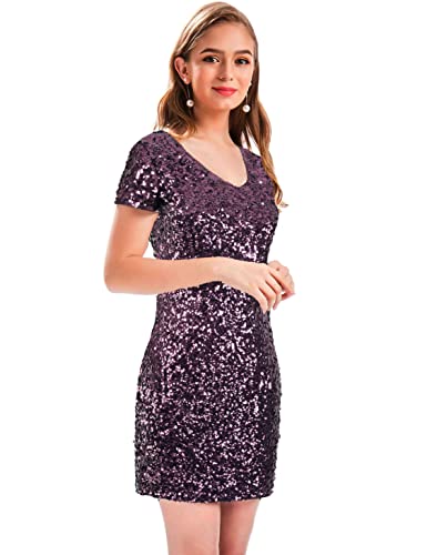 Image of MANER Women's Sequin Glitter Short Sleeve Dress Sexy V Neck Mini Party Club Bodycon Dresses