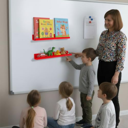 Image of 2 Pack Magnetic Book Shelf - Acrylic Reusable Display Panel for Whiteboards, Classrooms & Home, Adhesive-Free Storage with 11lb Capacity (red)