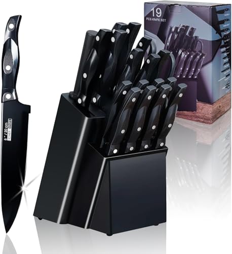 Begally Black Knife Set19 Piece Kitchen Knife Set with Knife Holder and Knife Sharpener The Knife Block Set has Chefs Knives Bread Knives Steak Knives and Other Knives for Slicing Dicing Cutting