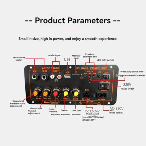 Carte d'amplification de puissance audio Bluetooth 5.0 300W 12V 24V MP3