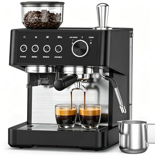 Image of (2026 Upgrade) 15 Bar Espresso Machine with Built-in Anti-Clog Coffee Grinder, Expresso Coffee Machines with Milk Steam Wand /Frother /Tamping Tools,Espresso Maker with Grinder for Lattes-Sleek Black