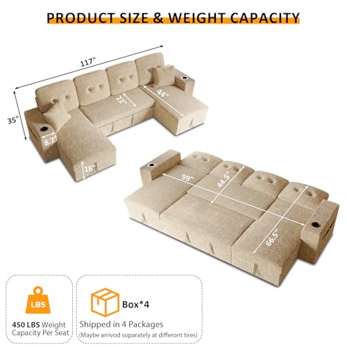 Image of Modular Sectional Sleeper Sofa Bed, 117 inch U-Shaped Sofa with Dual Storage Chaise | Reclining Backrest | Wide Armrest, Couches for Living Room, 4 in 1 Pull Out Couch Bed, Khaki