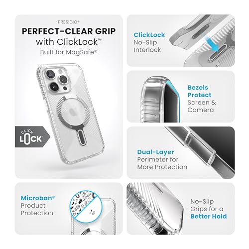 Speck Clear iPhone 15 Pro Case - ClickLock No-Slip Interlock, Built for MagSafe, Drop Protection Grip - Scratch Resistant, Anti-Yellowing, 6.1 Inch Phone Case - Presidio Grip Clear/Chrome - image 3